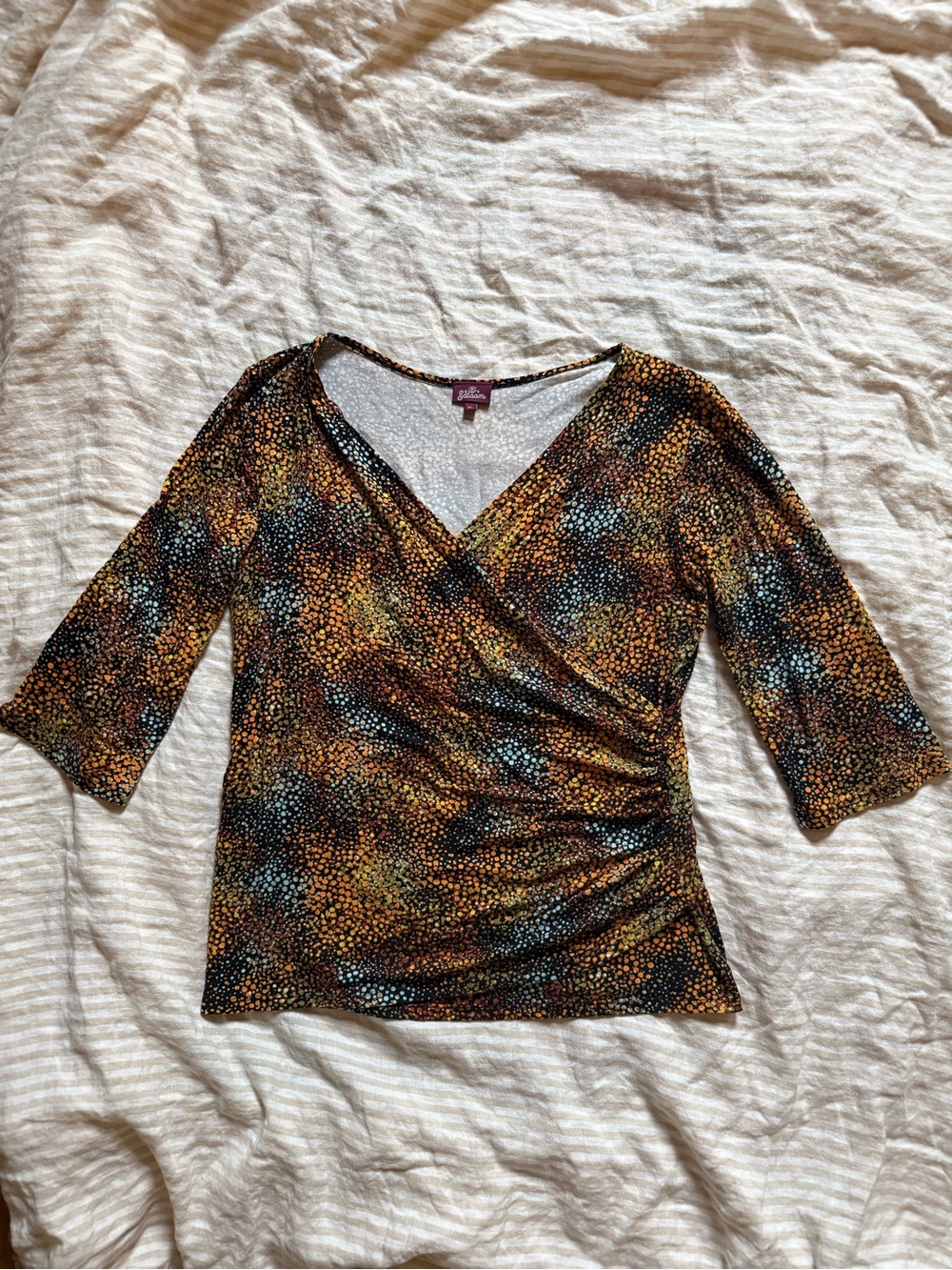 Salaam 3/4 Sleeve Wrap Top Blue Dot-Print Artsy Abstract 70s Jersey Office Party